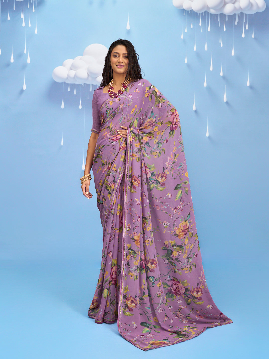 Laxmipati Sadhana Floral Printed Georgette Saree in Purple Color