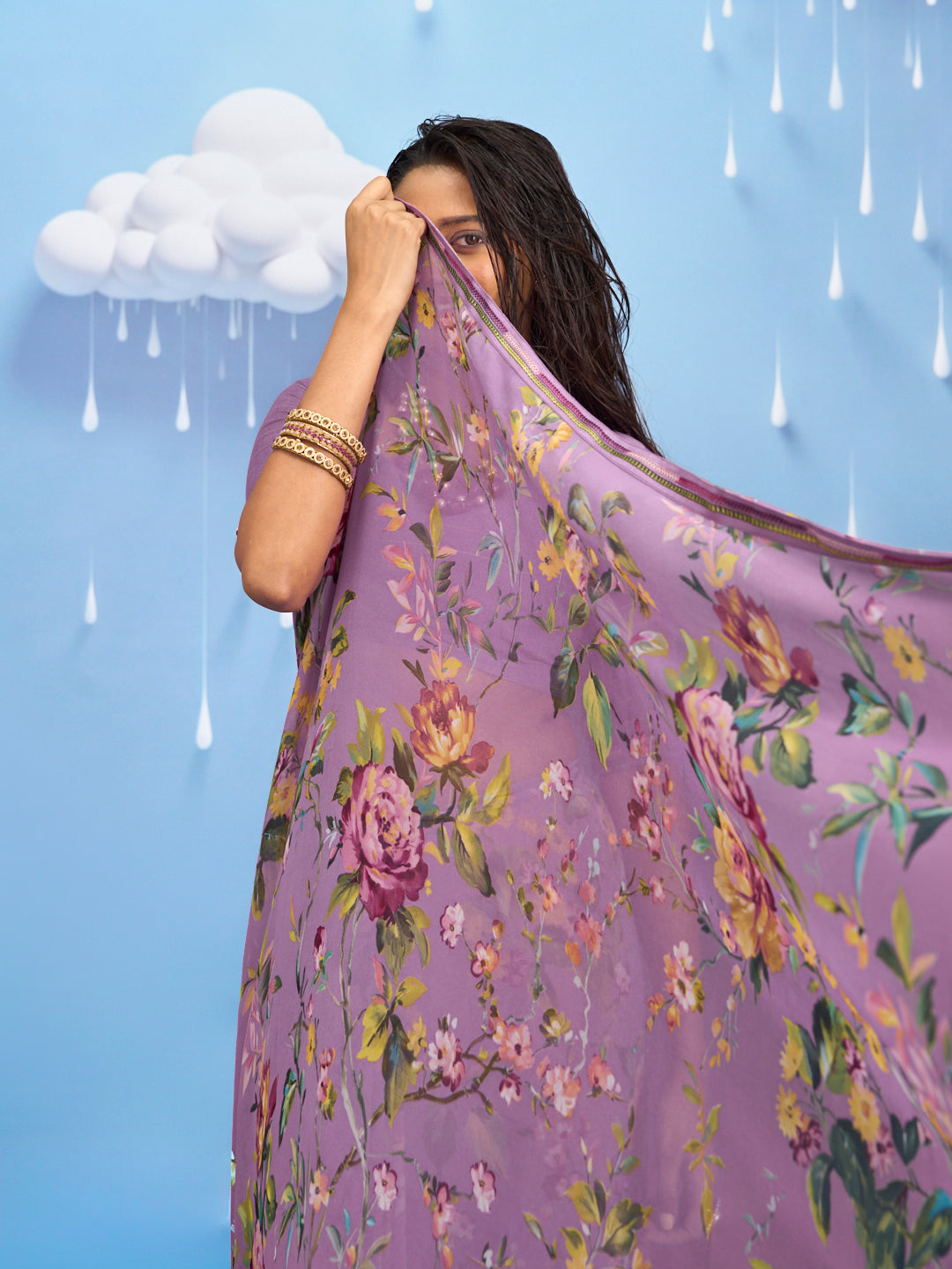 Laxmipati Sadhana Floral Printed Georgette Saree in Purple Color