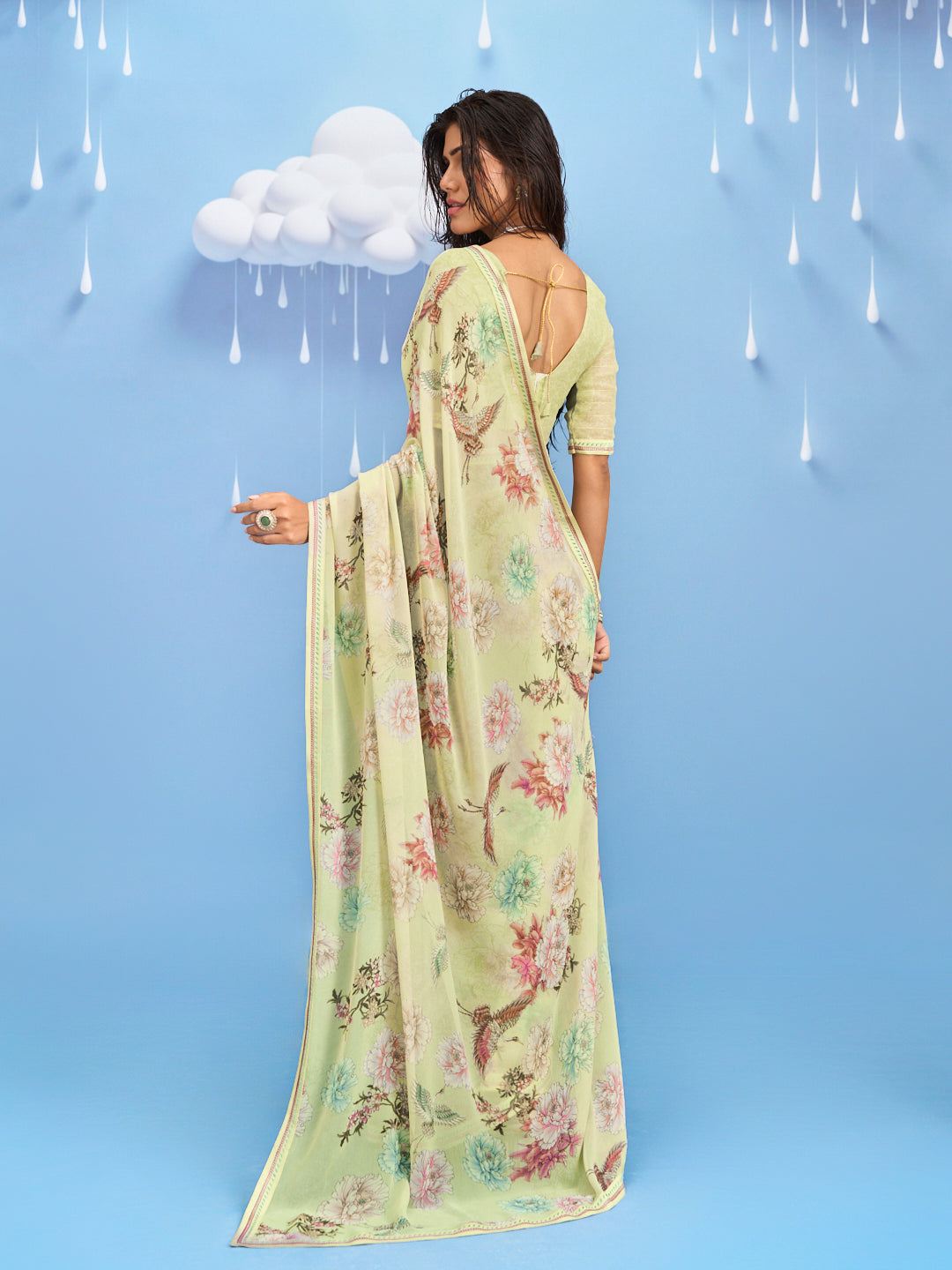 Laxmipati Sadhana Floral Printed Georgette Saree in Green Color