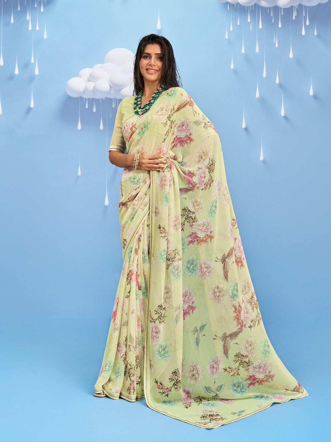 Laxmipati Sadhana Floral Printed Georgette Saree in Green Color