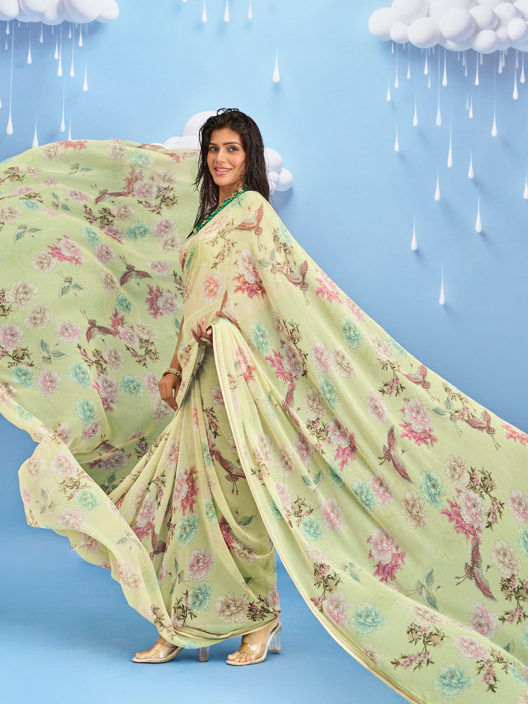 Laxmipati Sadhana Floral Printed Georgette Saree in Green Color