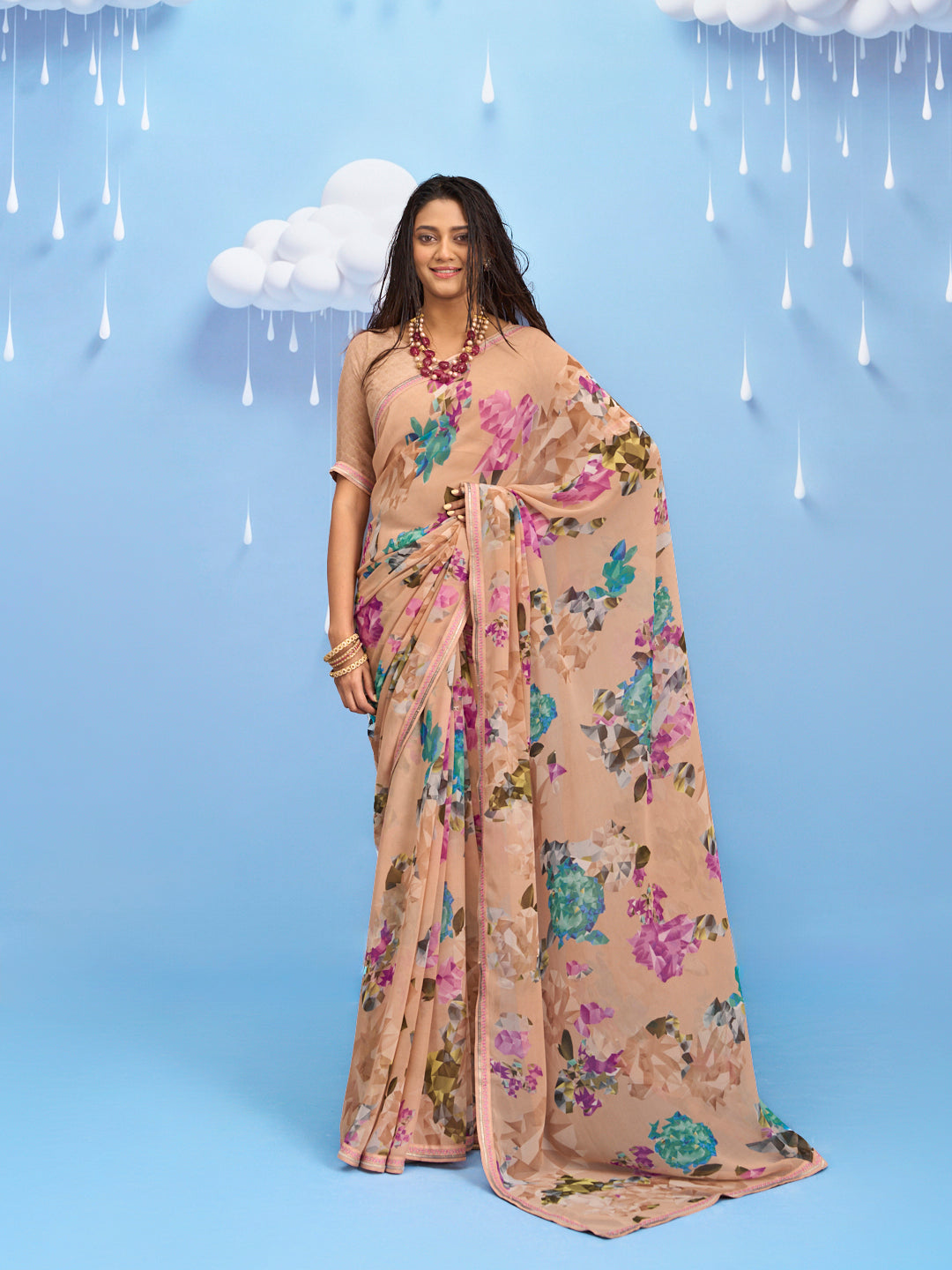 Laxmipati Sadhana Floral Printed Georgette Saree in Brown Color