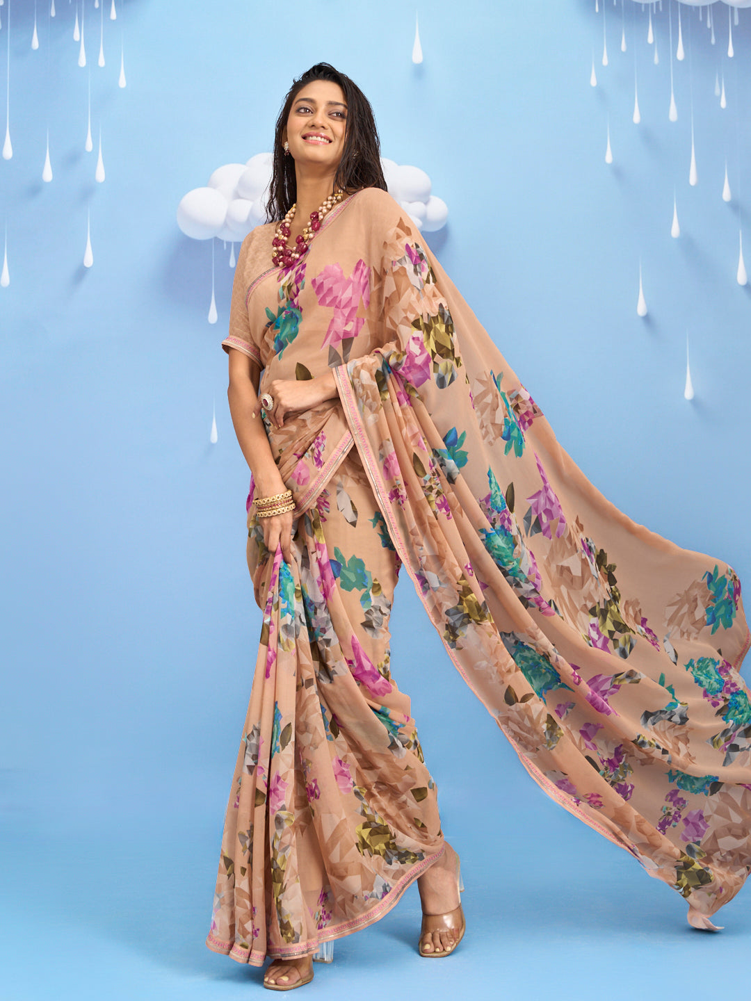 Laxmipati Sadhana Floral Printed Georgette Saree in Brown Color