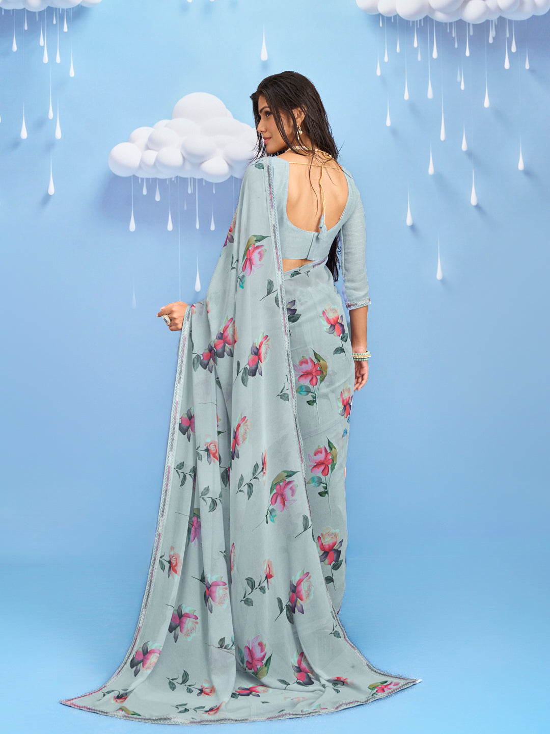 Laxmipati Sadhana Floral Printed Georgette Saree in Grey Color