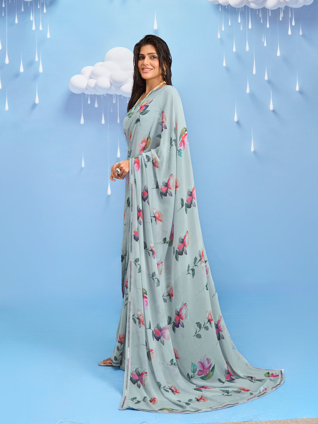 Laxmipati Sadhana Floral Printed Georgette Saree in Grey Color