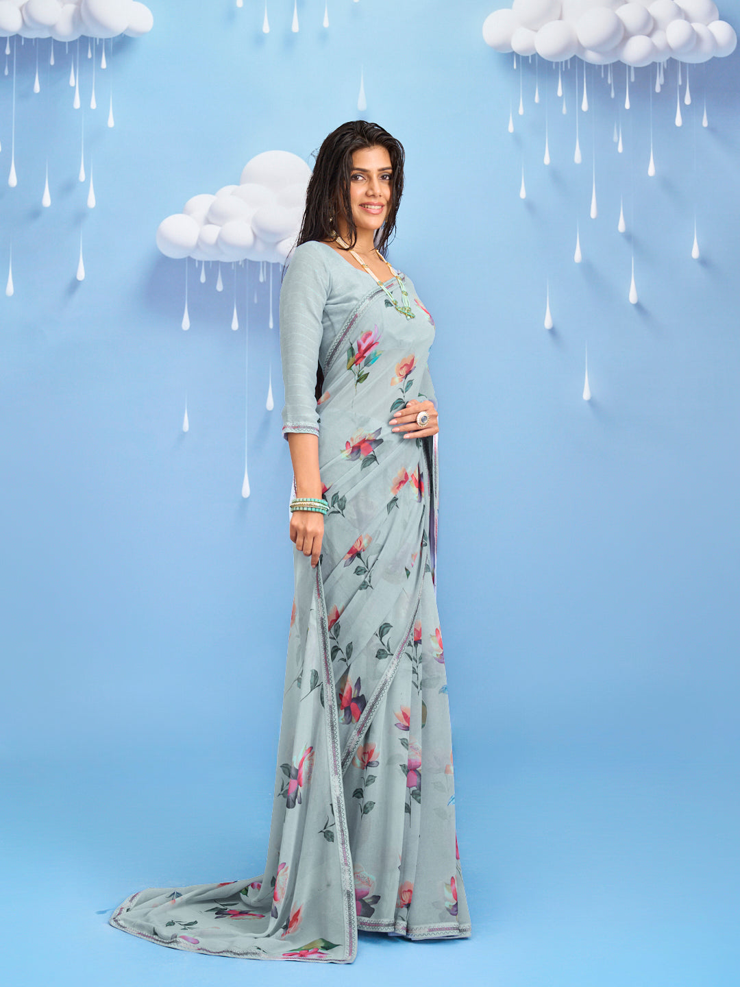 Laxmipati Sadhana Floral Printed Georgette Saree in Grey Color