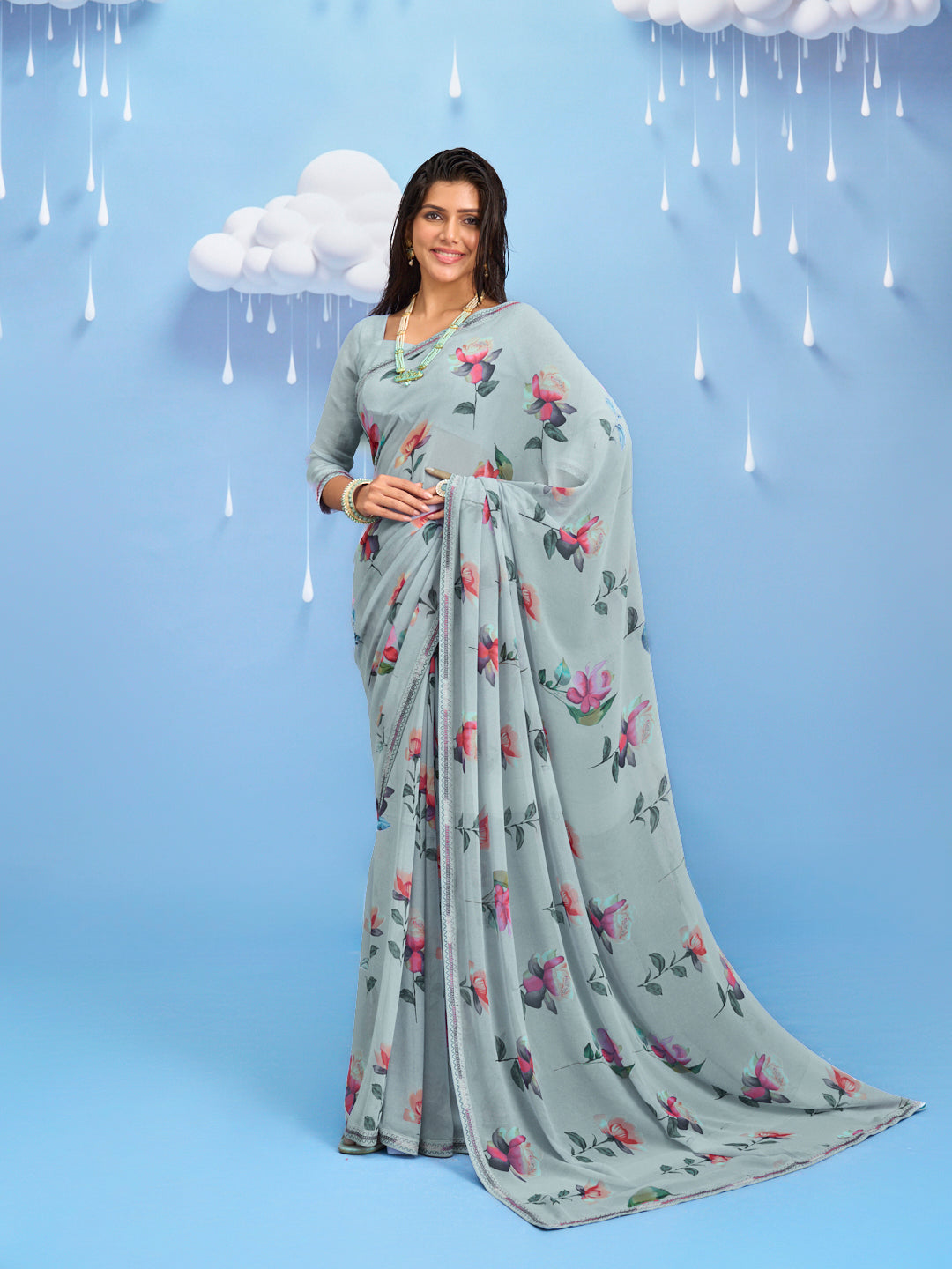 Laxmipati Sadhana Floral Printed Georgette Saree in Grey Color