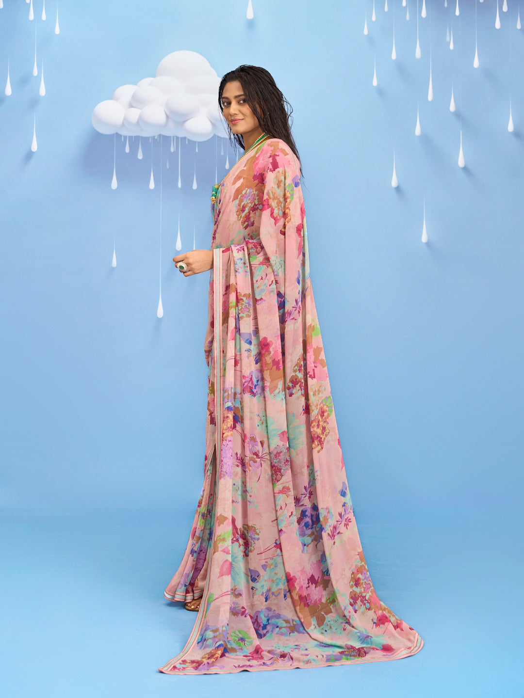 Laxmipati Sadhana Floral Printed Georgette Saree in Pink Color