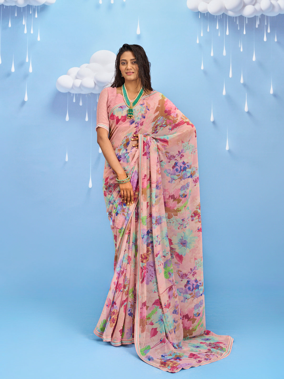 Laxmipati Sadhana Floral Printed Georgette Saree in Pink Color