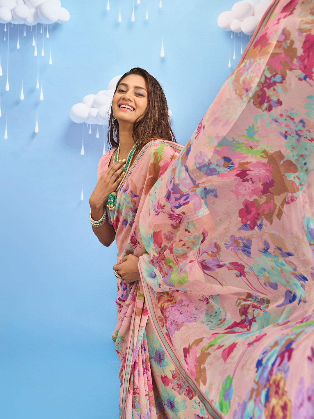 Laxmipati Sadhana Floral Printed Georgette Saree in Pink Color