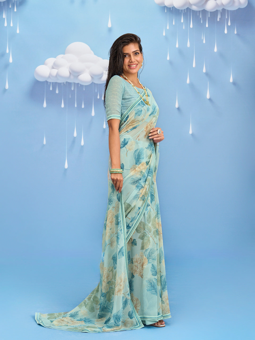 Laxmipati Sadhana Floral Printed Georgette Saree in Blue Color