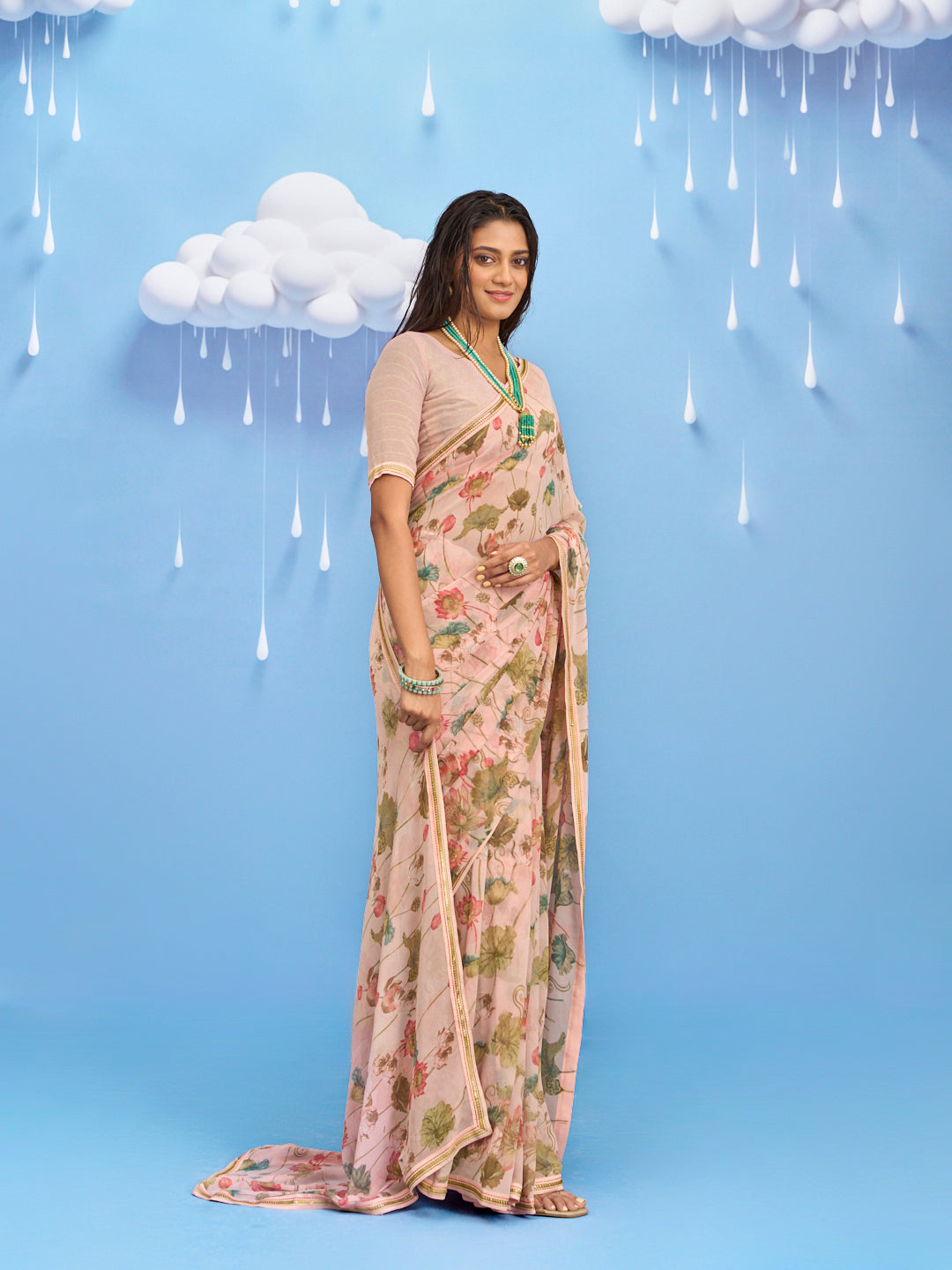 Laxmipati Sadhana Floral Printed Georgette Saree in Brown Color