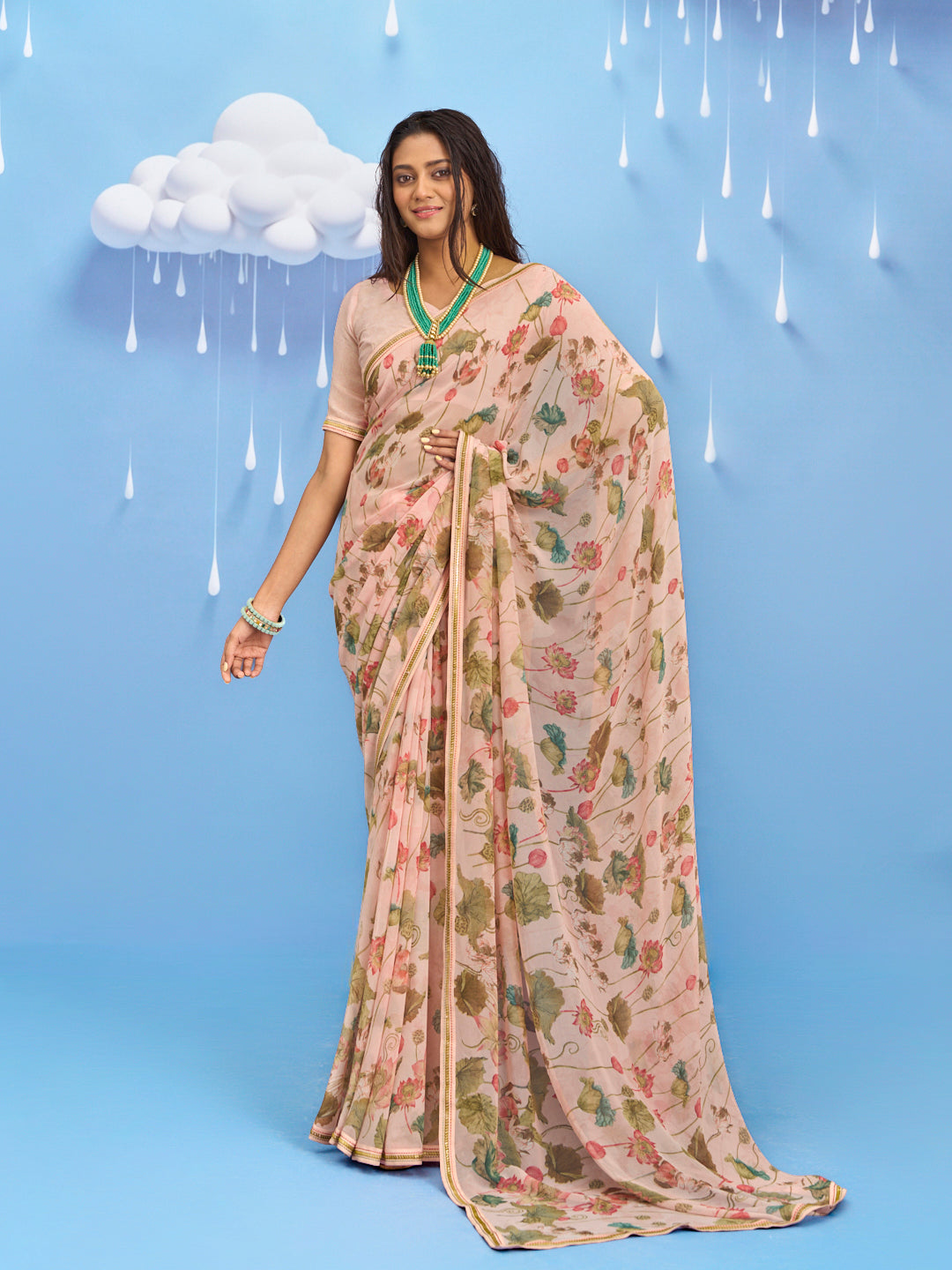 Laxmipati Sadhana Floral Printed Georgette Saree in Brown Color