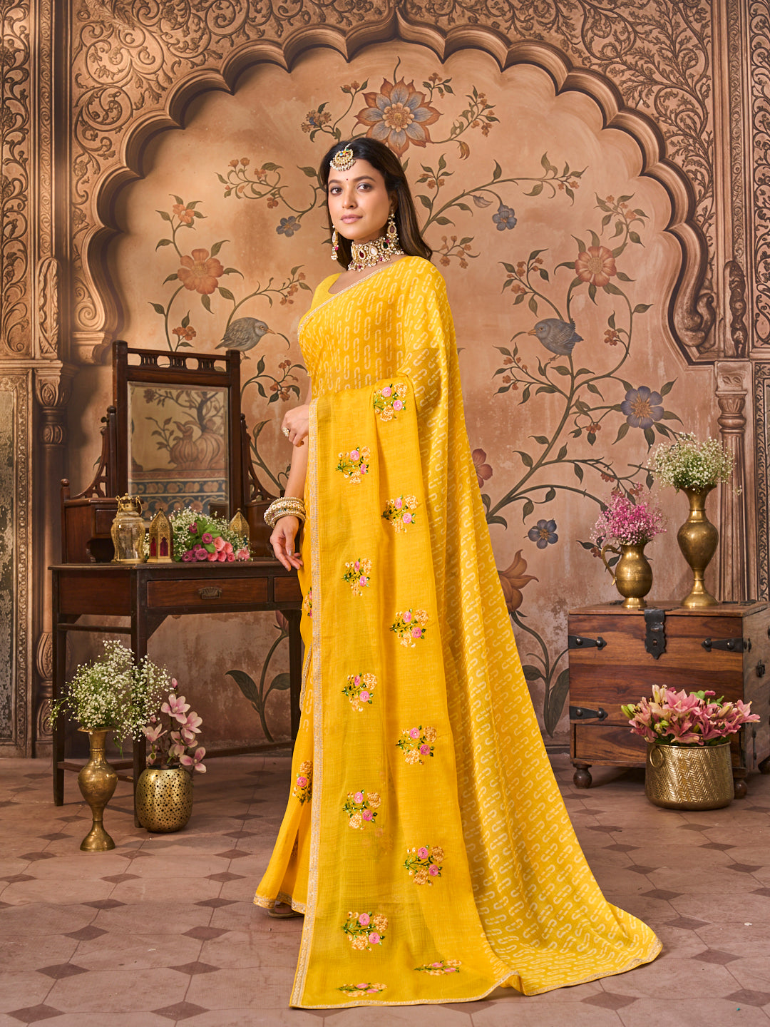 Laxmipati Monaco Embellished Floral Embroidered Chiffon Saree in Yellow Color