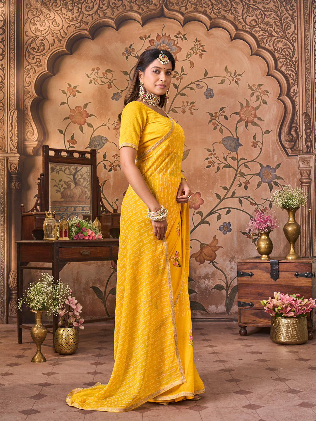 Laxmipati Monaco Embellished Floral Embroidered Chiffon Saree in Yellow Color