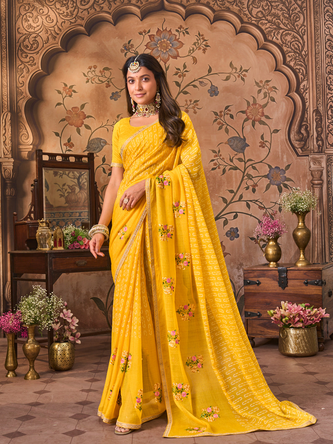 Laxmipati Monaco Embellished Floral Embroidered Chiffon Saree in Yellow Color