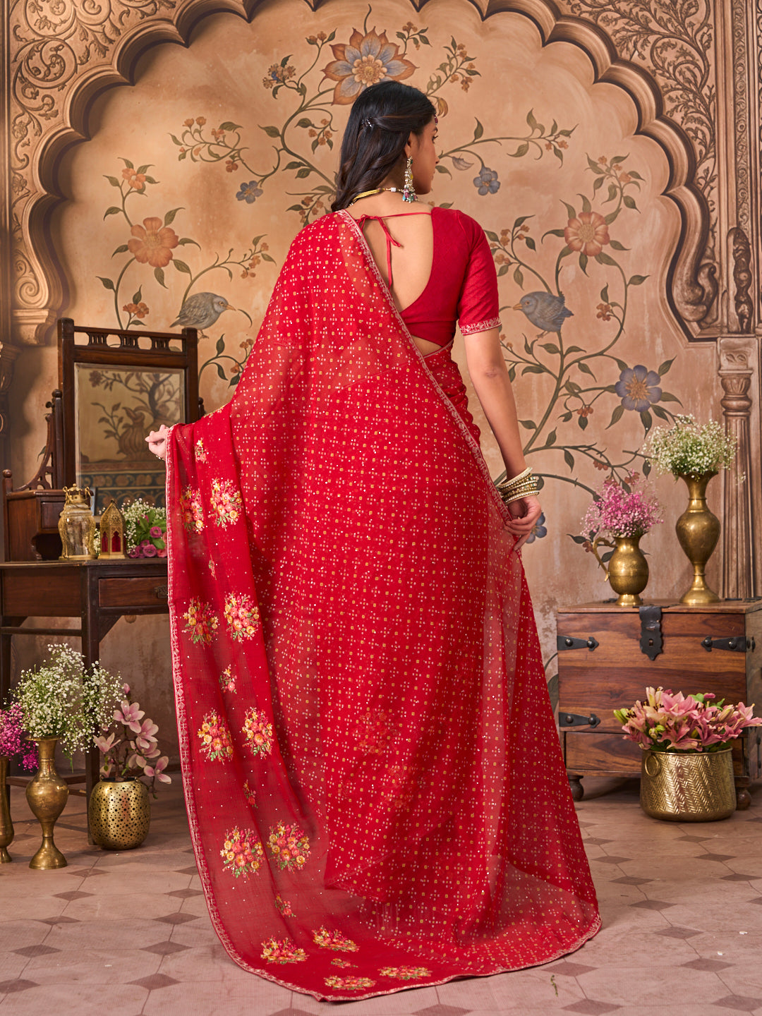 Laxmipati Monaco Embellished Floral Embroidered Chiffon Saree in Red Color