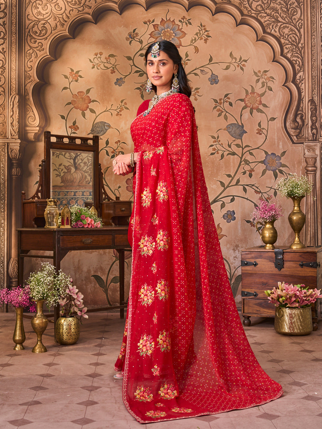 Laxmipati Monaco Embellished Floral Embroidered Chiffon Saree in Red Color