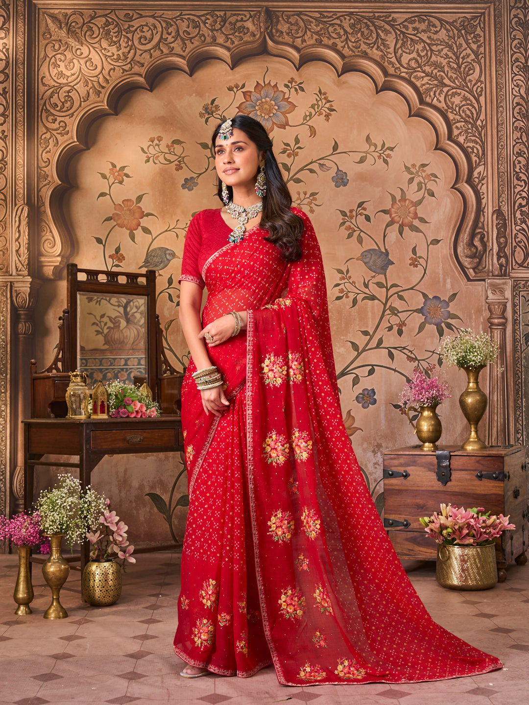 Laxmipati Monaco Embellished Floral Embroidered Chiffon Saree in Red Color