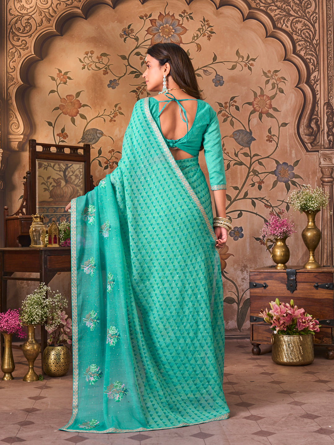 Laxmipati Monaco Embellished Floral Embroidered Chiffon Saree in Blue Color