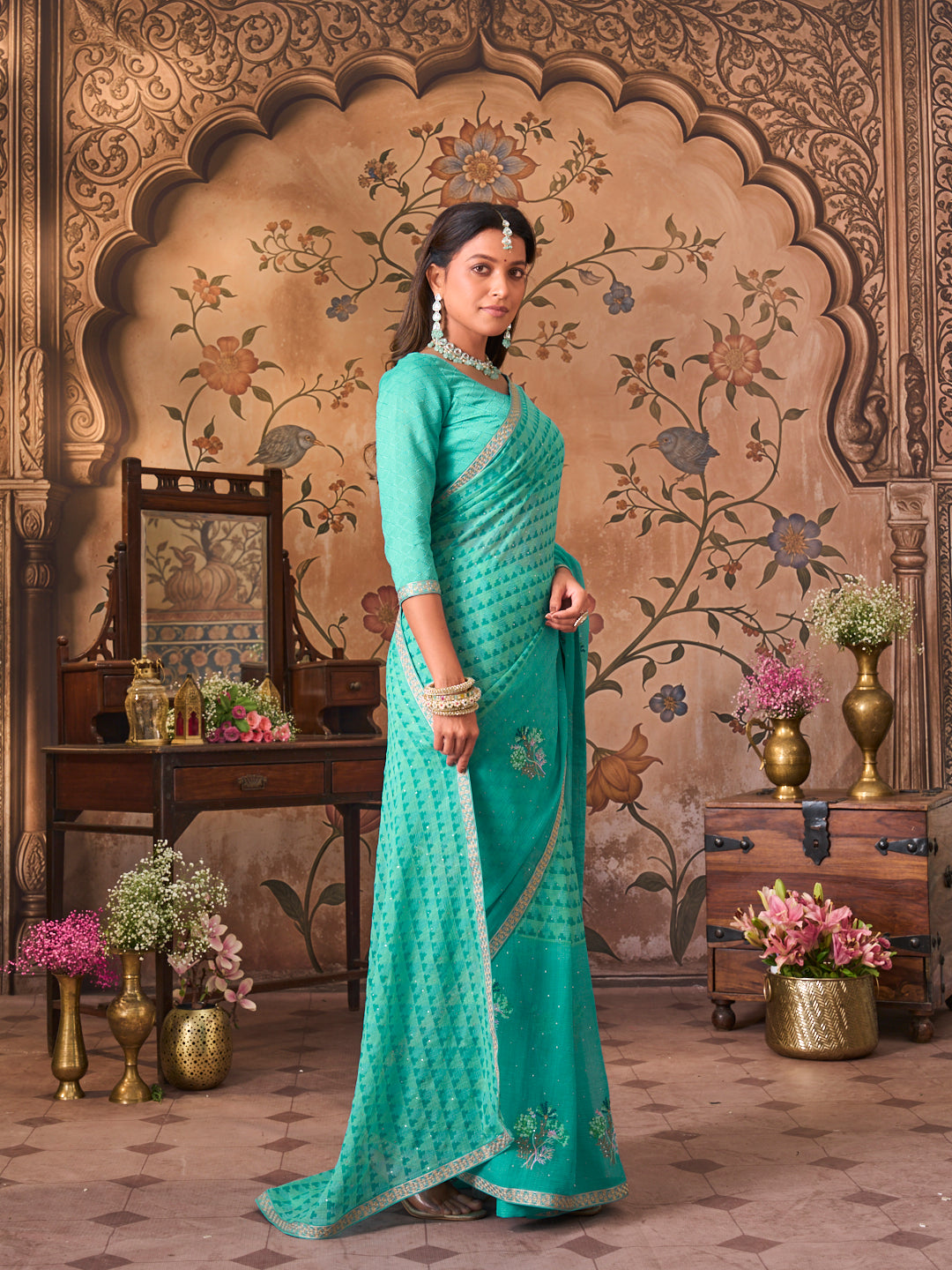 Laxmipati Monaco Embellished Floral Embroidered Chiffon Saree in Blue Color