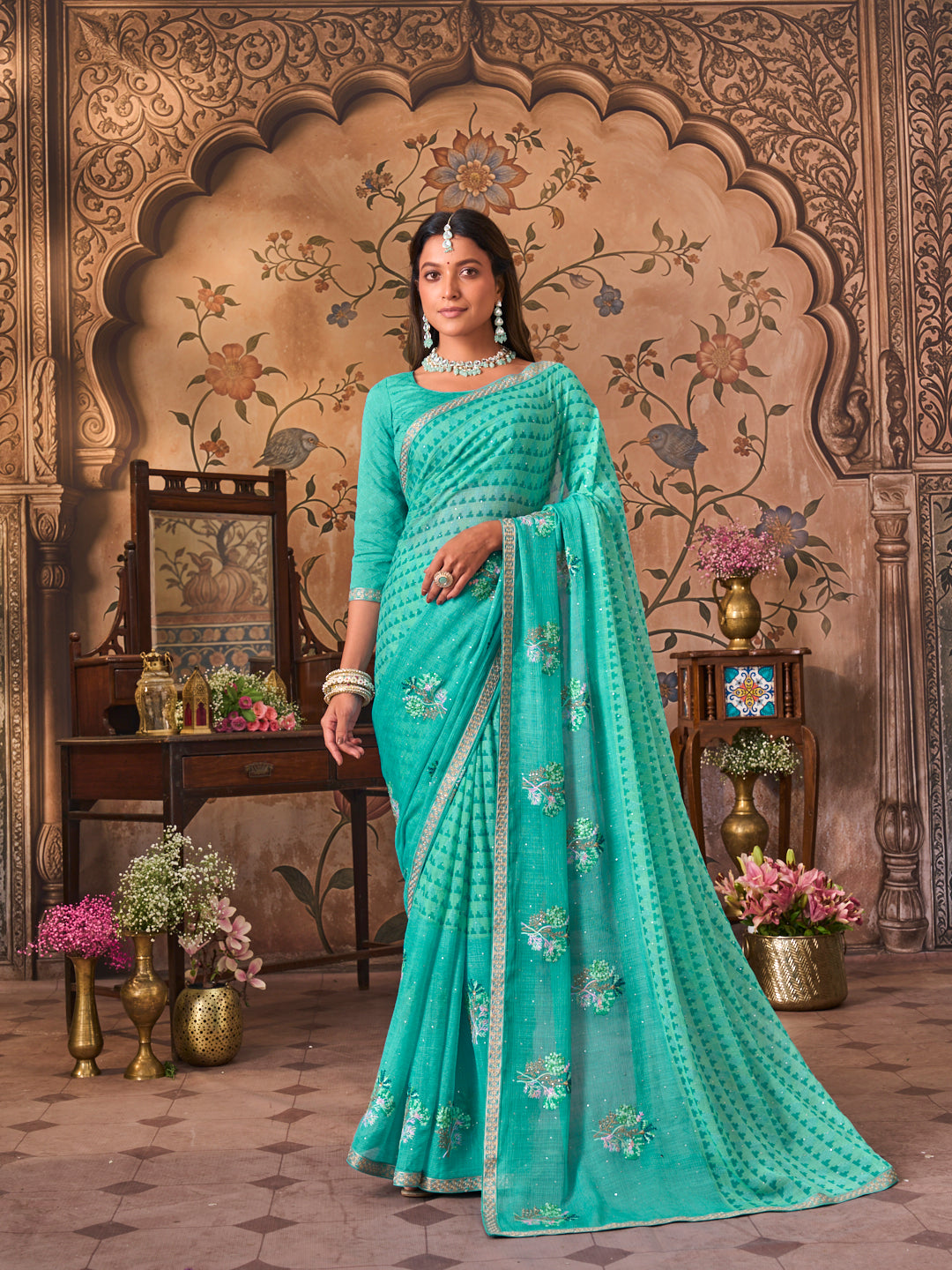 Laxmipati Monaco Embellished Floral Embroidered Chiffon Saree in Blue Color