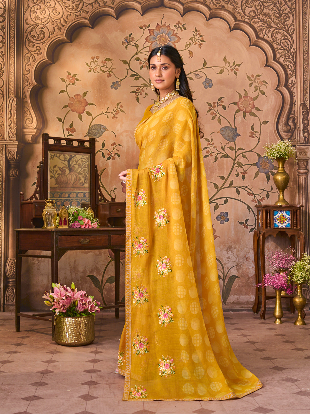 Laxmipati Monaco Embellished Floral Embroidered Chiffon Saree in Mustard Color