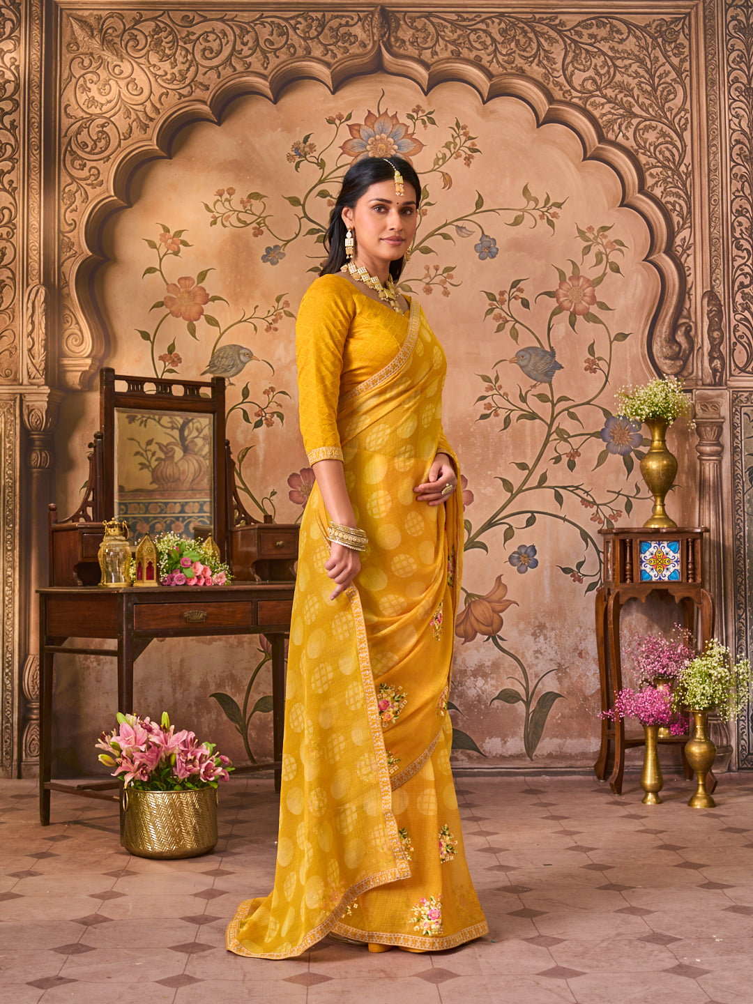 Laxmipati Monaco Embellished Floral Embroidered Chiffon Saree in Mustard Color