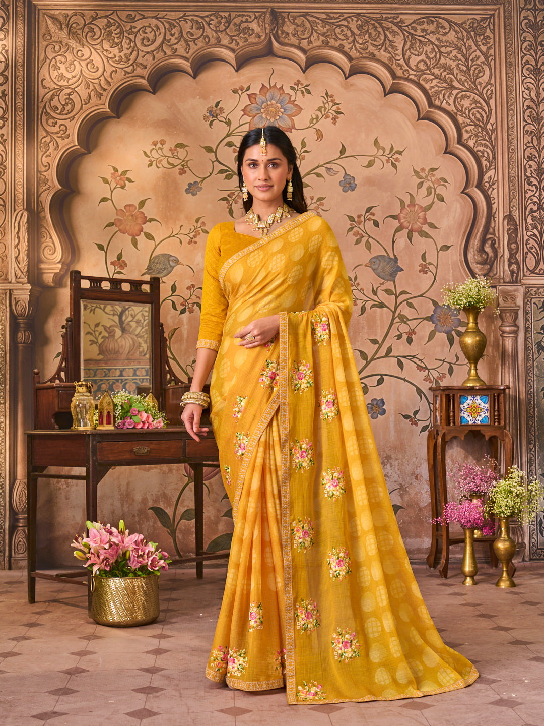 Laxmipati Monaco Embellished Floral Embroidered Chiffon Saree in Mustard Color
