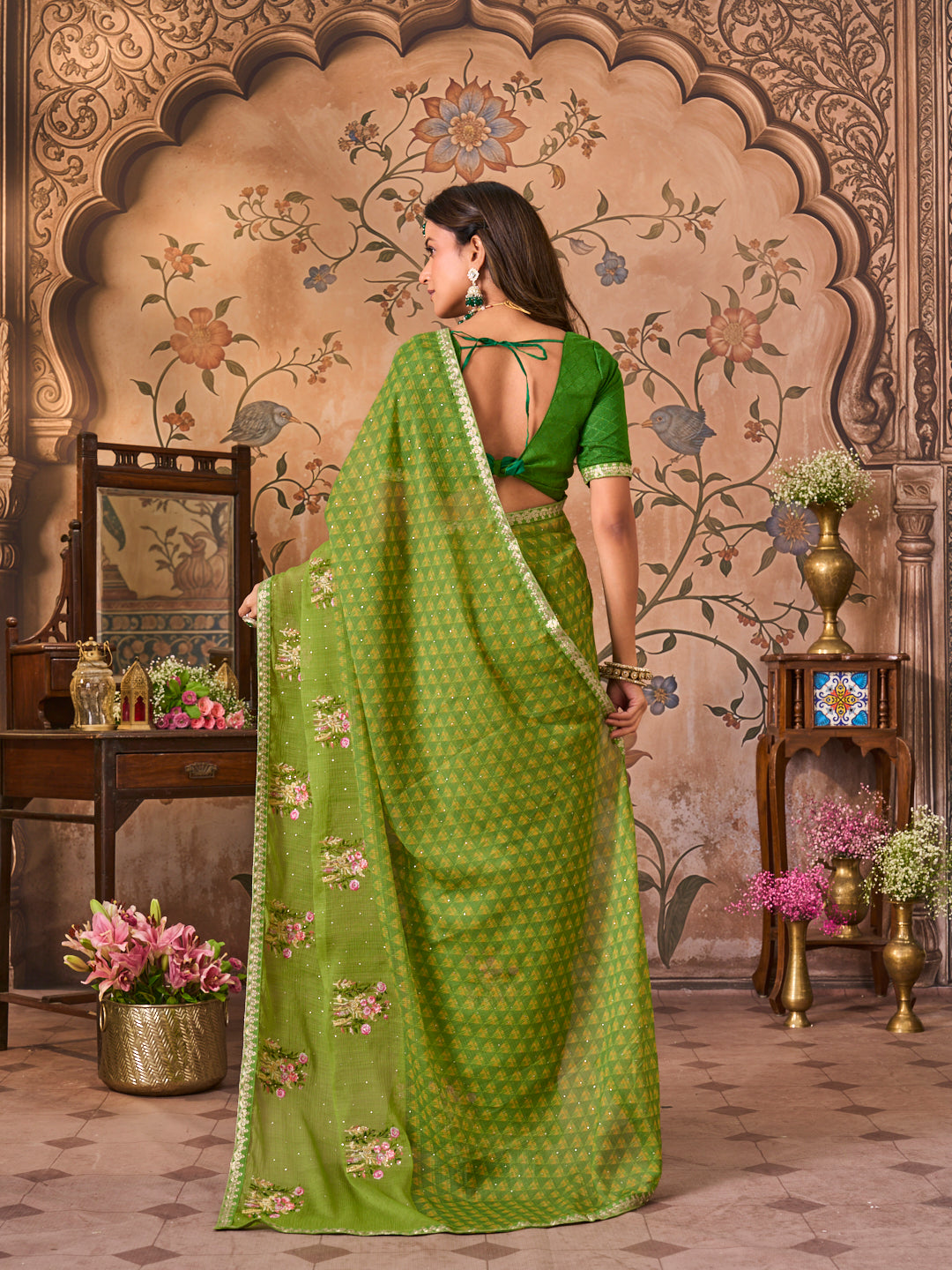 Laxmipati Monaco Embellished Floral Embroidered Chiffon Saree in Green Color