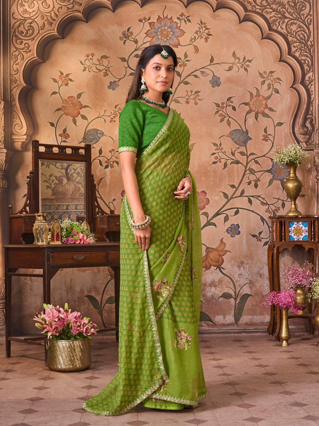 Laxmipati Monaco Embellished Floral Embroidered Chiffon Saree in Green Color