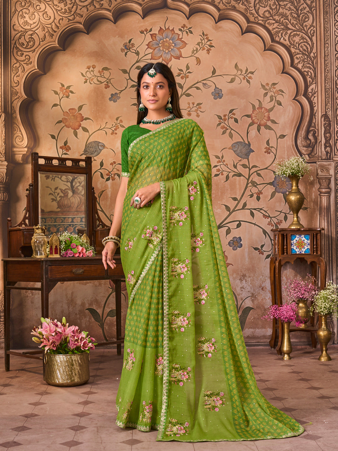 Laxmipati Monaco Embellished Floral Embroidered Chiffon Saree in Green Color