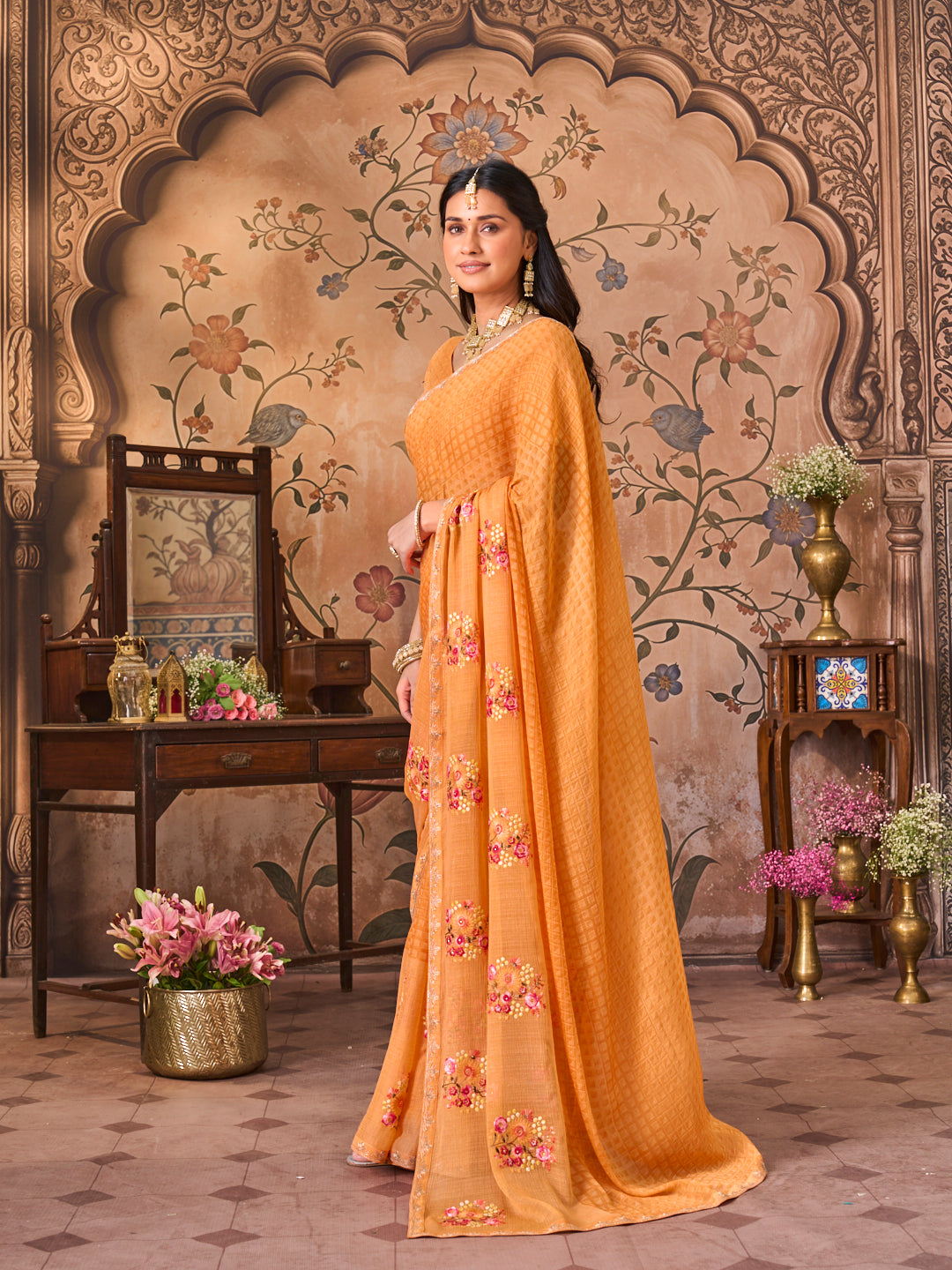 Laxmipati Monaco Embellished Floral Embroidered Chiffon Saree in Orange Color