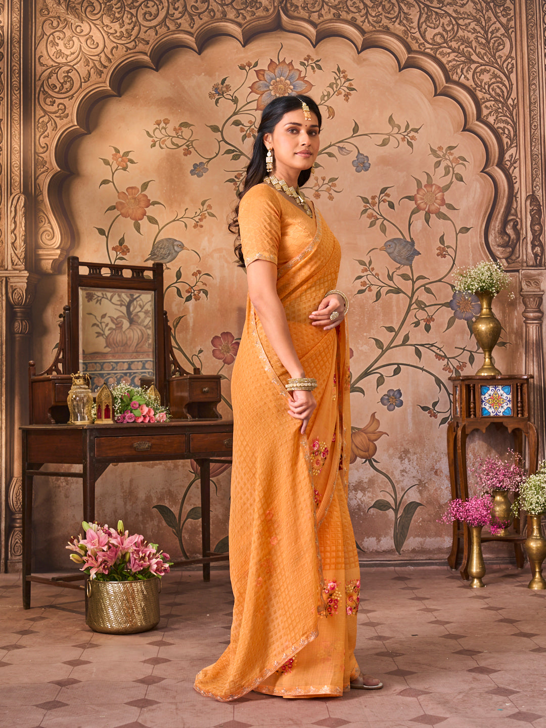 Laxmipati Monaco Embellished Floral Embroidered Chiffon Saree in Orange Color