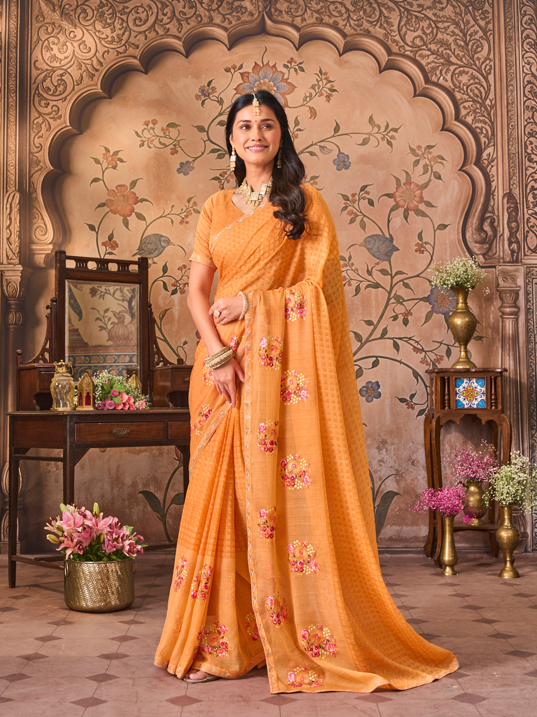 Laxmipati Monaco Embellished Floral Embroidered Chiffon Saree in Orange Color