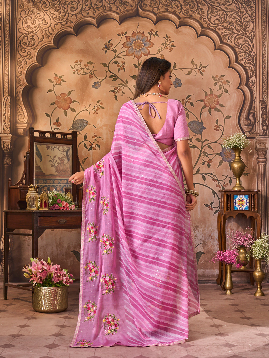 Laxmipati Monaco Embellished Floral Embroidered Chiffon Saree in Purple Color