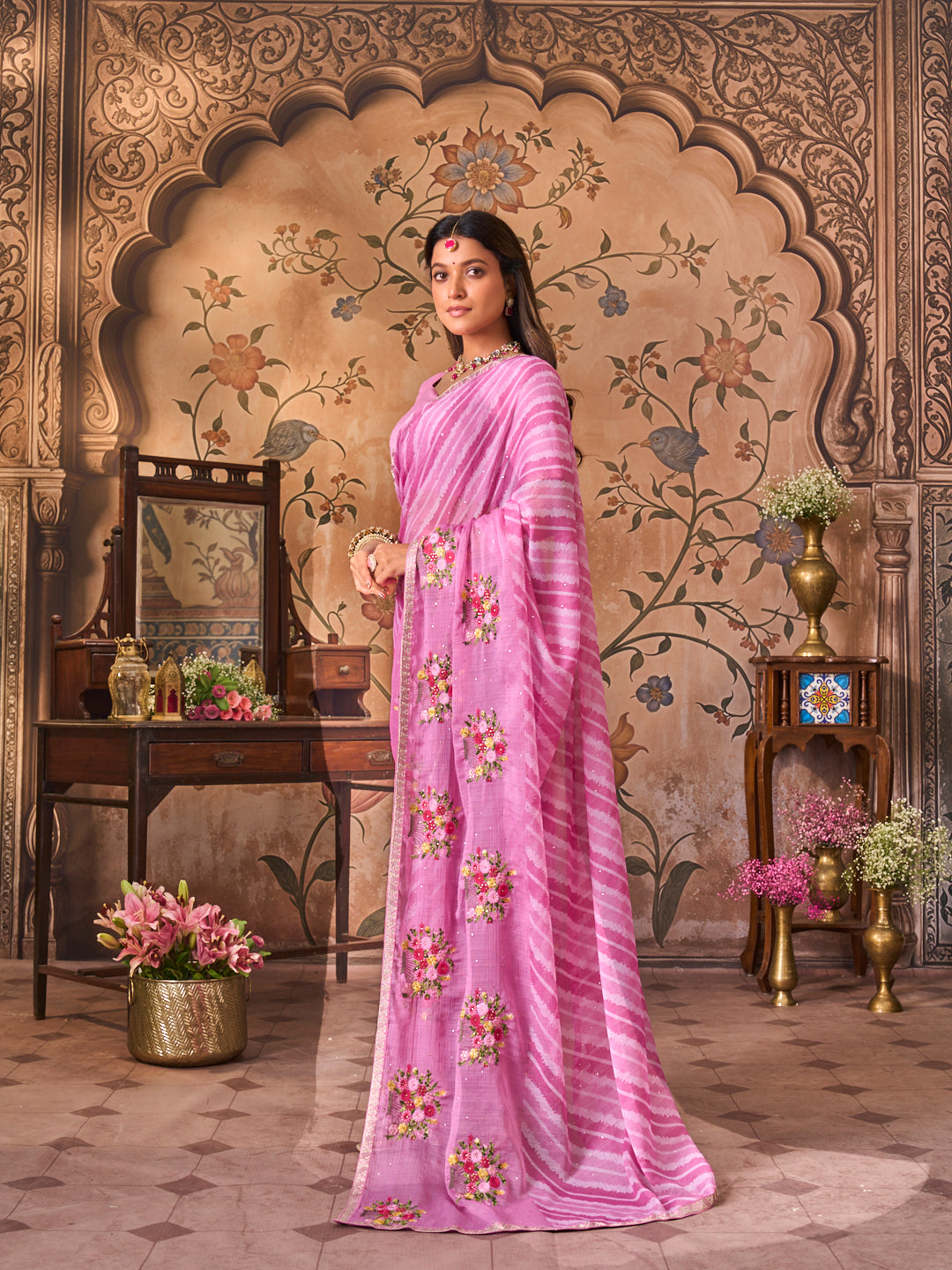 Laxmipati Monaco Embellished Floral Embroidered Chiffon Saree in Purple Color
