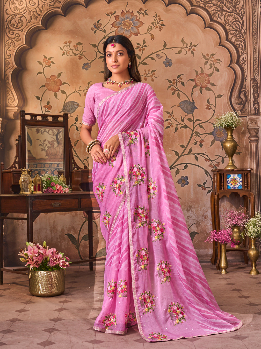 Laxmipati Monaco Embellished Floral Embroidered Chiffon Saree in Purple Color