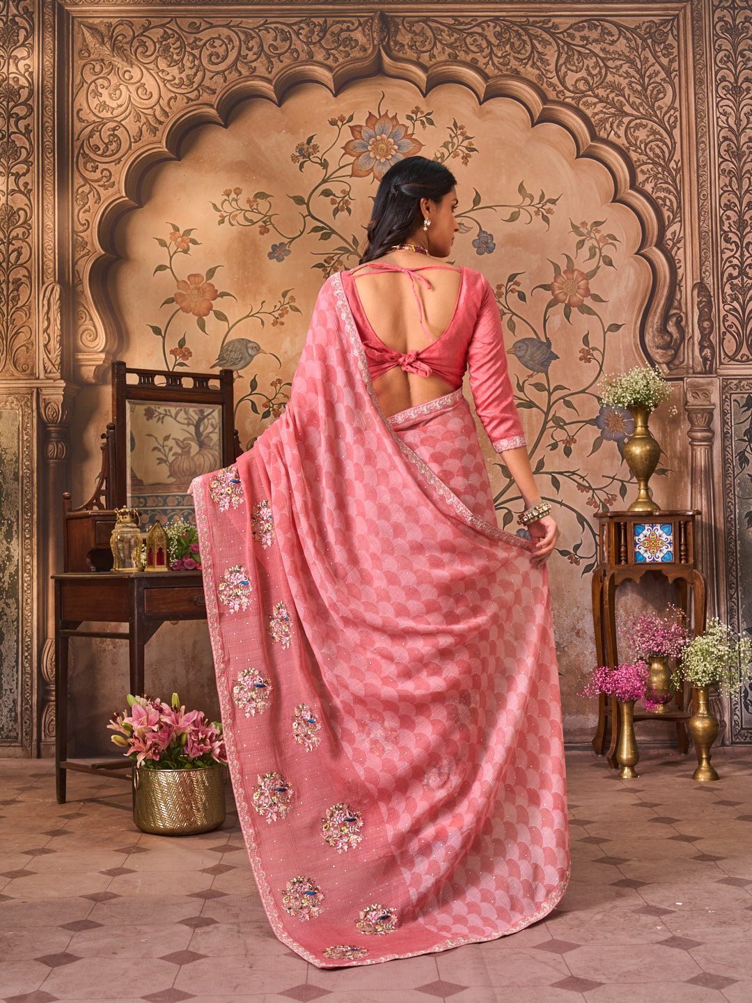 Laxmipati Monaco Embellished Floral Embroidered Chiffon Saree in Pink Color