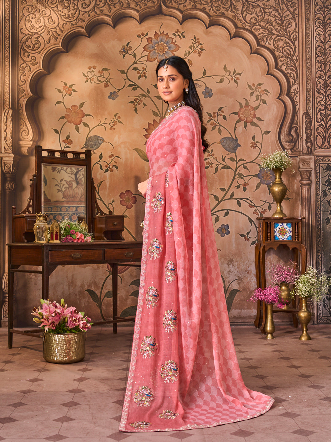 Laxmipati Monaco Embellished Floral Embroidered Chiffon Saree in Pink Color
