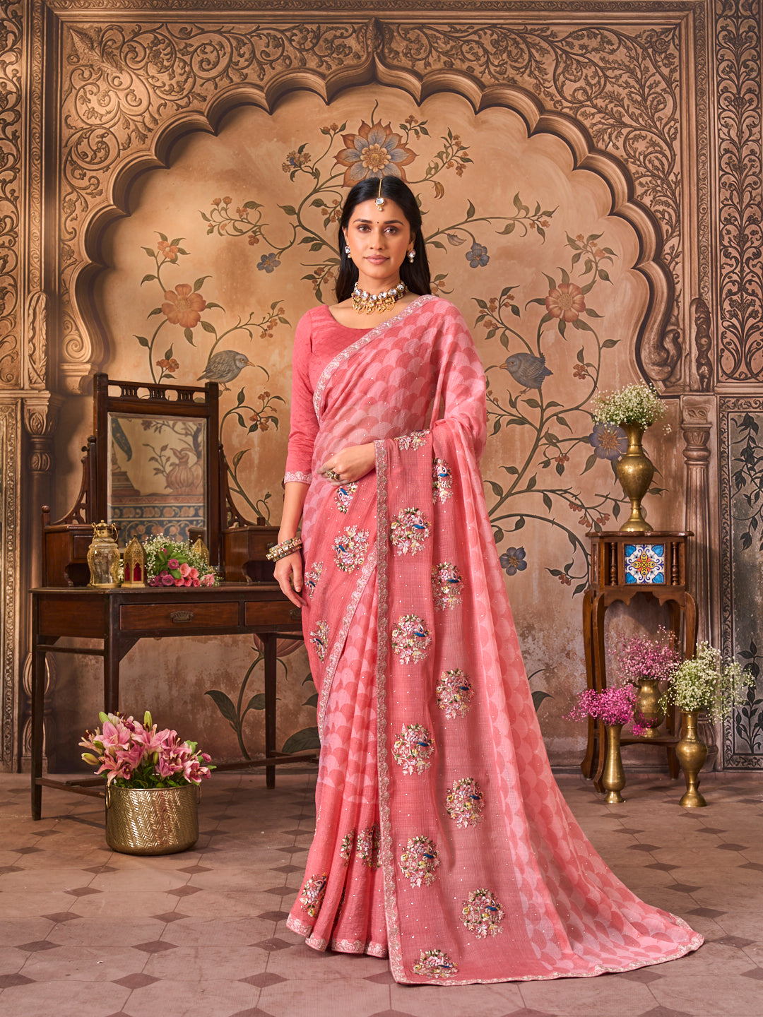 Laxmipati Monaco Embellished Floral Embroidered Chiffon Saree in Pink Color