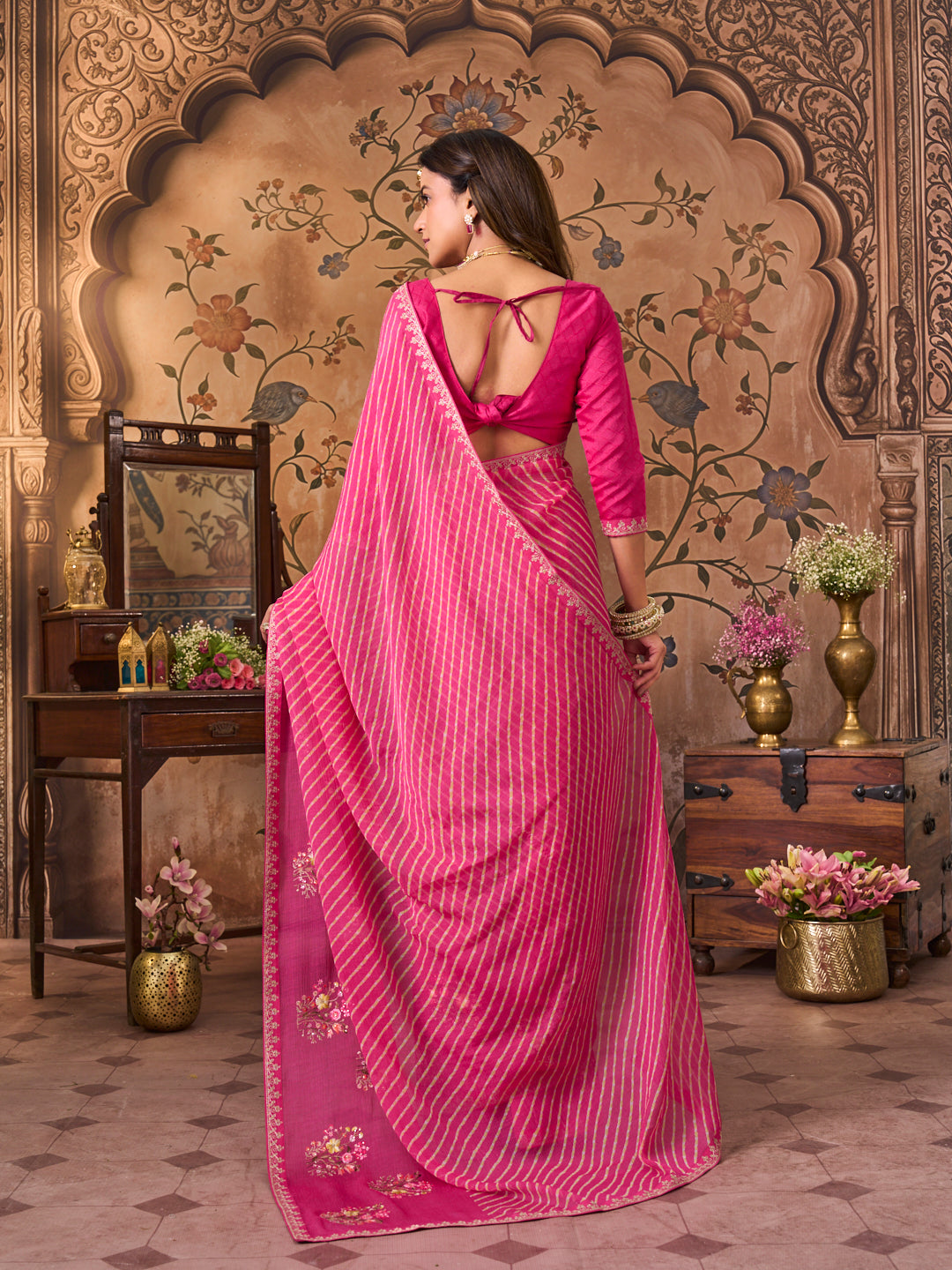 Laxmipati Monaco Embellished Floral Embroidered Chiffon Saree in Pink Color