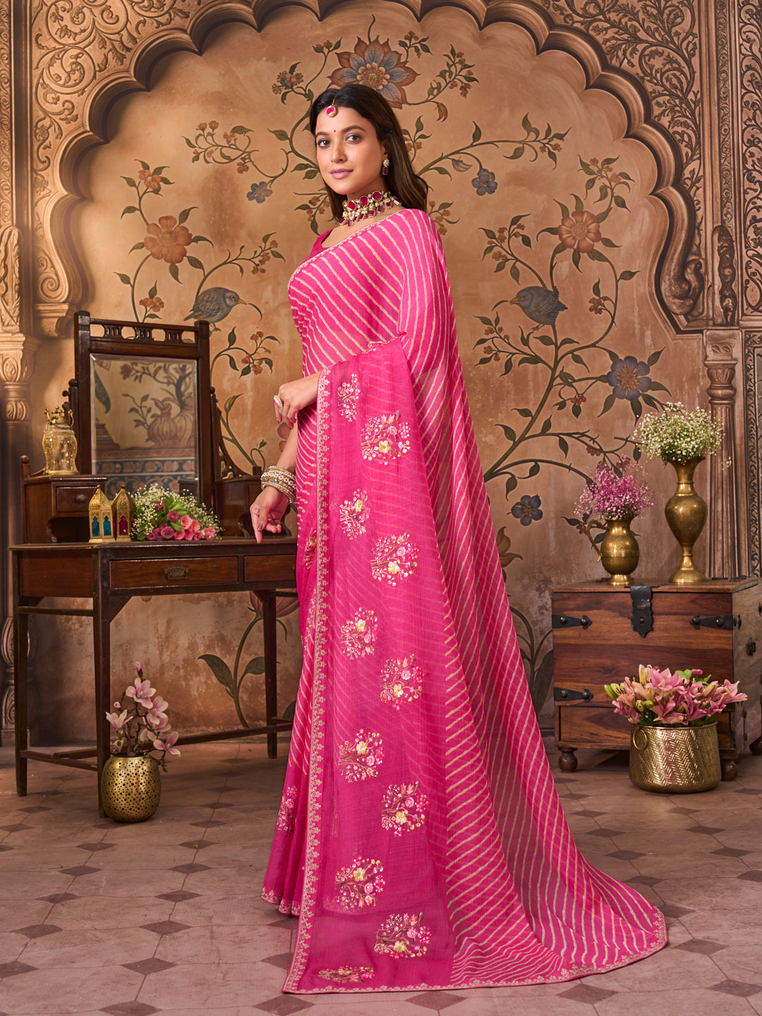 Laxmipati Monaco Embellished Floral Embroidered Chiffon Saree in Pink Color