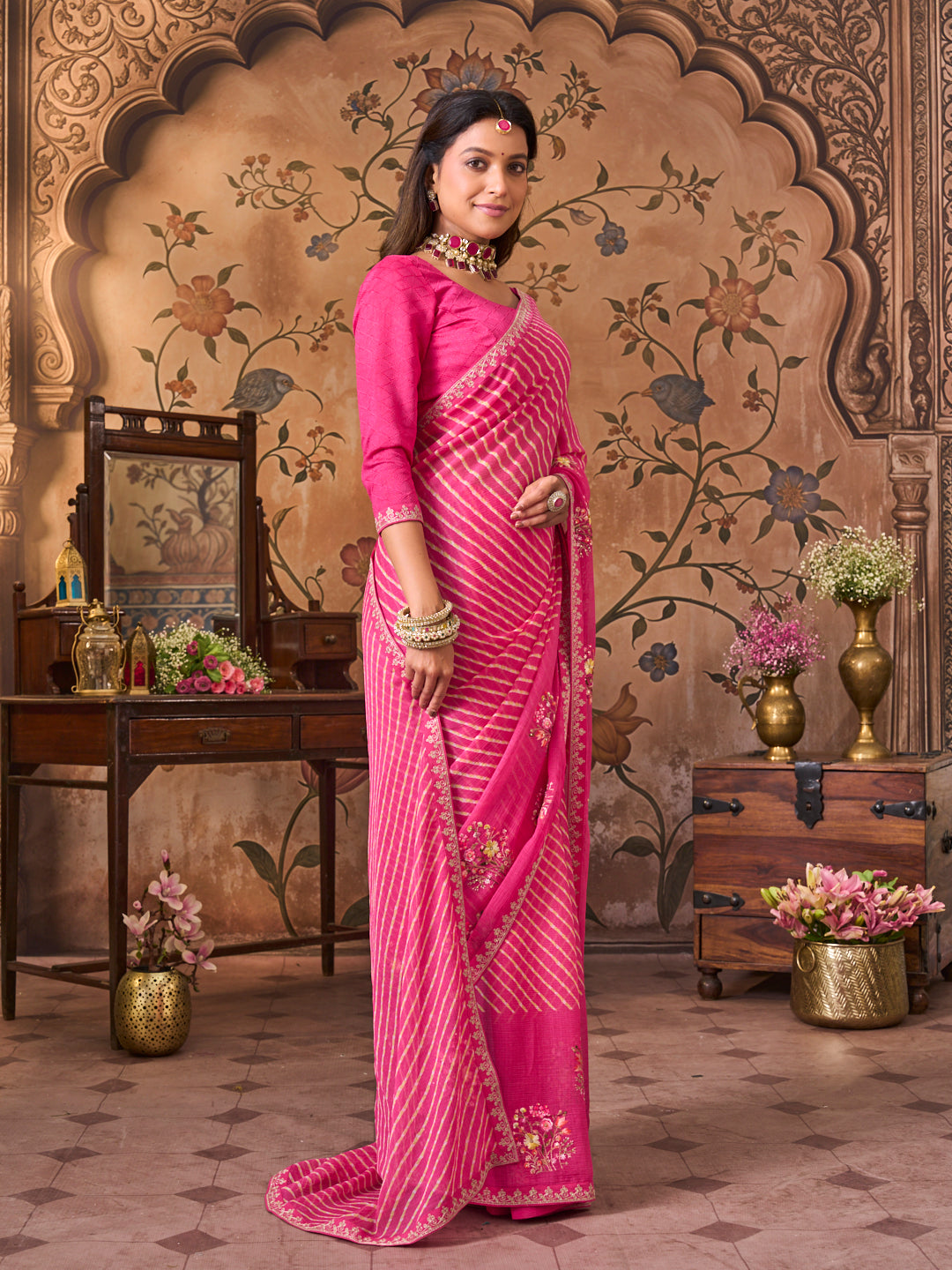 Laxmipati Monaco Embellished Floral Embroidered Chiffon Saree in Pink Color