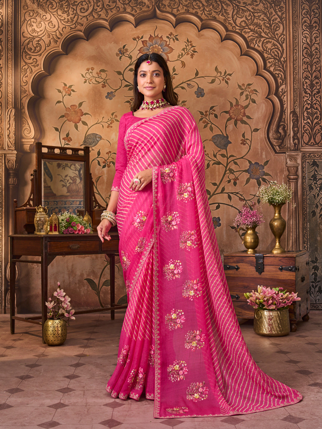 Laxmipati Monaco Embellished Floral Embroidered Chiffon Saree in Pink Color