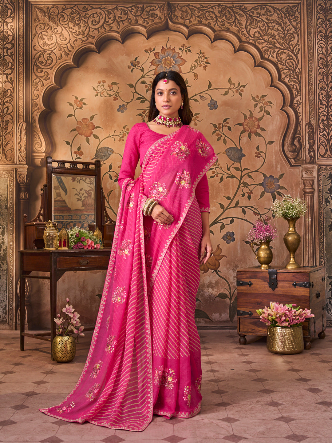 Laxmipati Monaco Embellished Floral Embroidered Chiffon Saree in Pink Color
