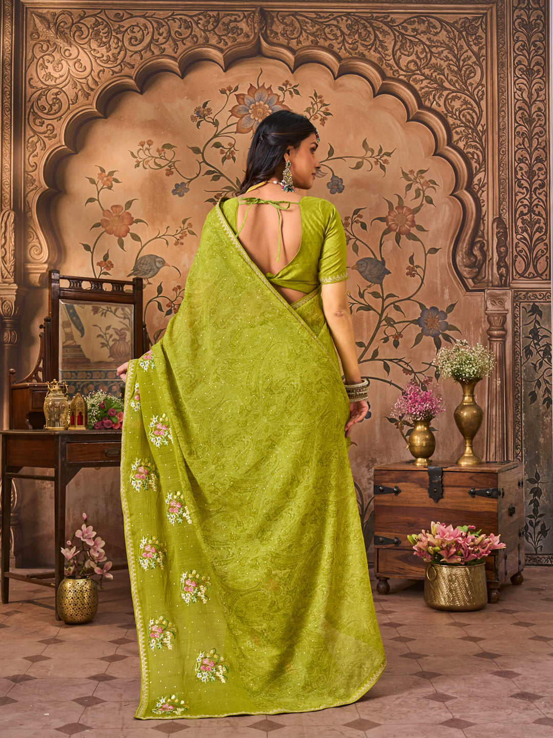 Laxmipati Monaco Embellished Floral Embroidered Chiffon Saree in Olive Green Color
