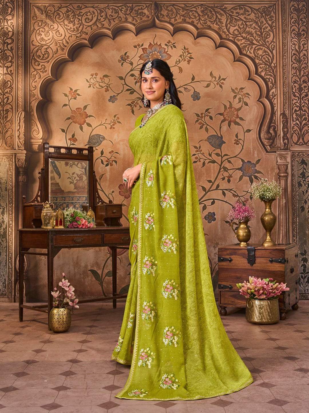Laxmipati Monaco Embellished Floral Embroidered Chiffon Saree in Olive Green Color