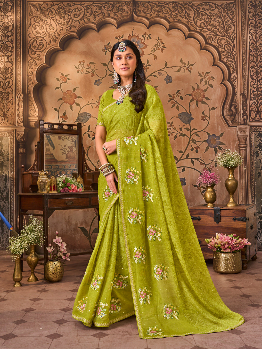 Laxmipati Monaco Embellished Floral Embroidered Chiffon Saree in Olive Green Color
