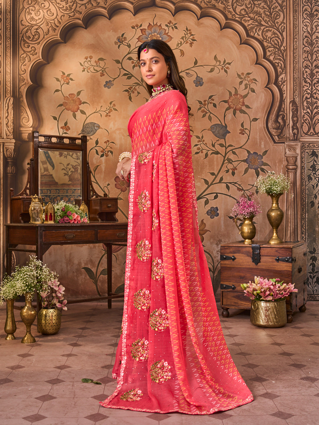 Laxmipati Monaco Embellished Floral Embroidered Chiffon Saree in Peach Color